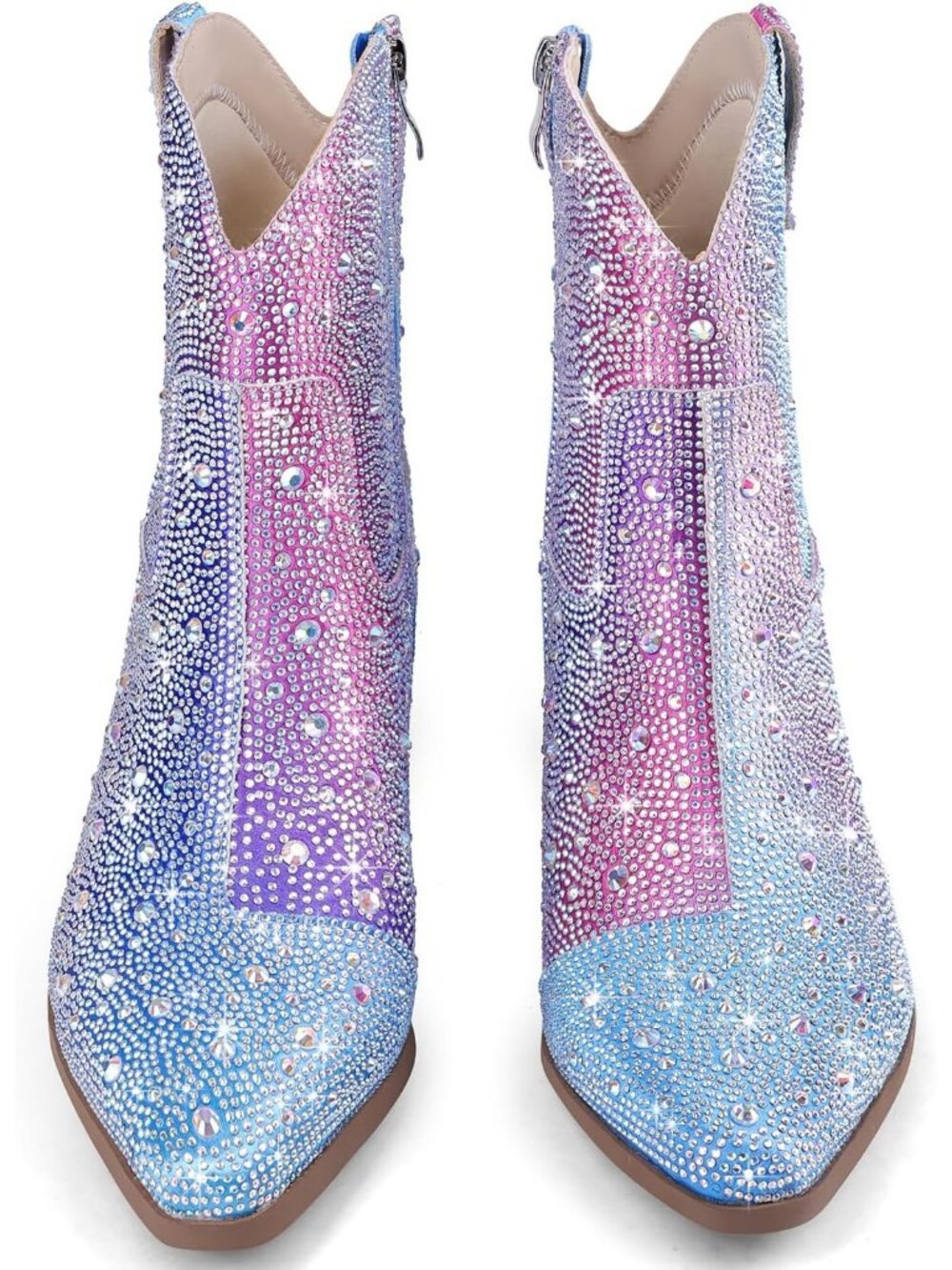 Women's Blue Pink Western Rhinestone Chunky Heel Fashion Cowgirl Ankle Boots